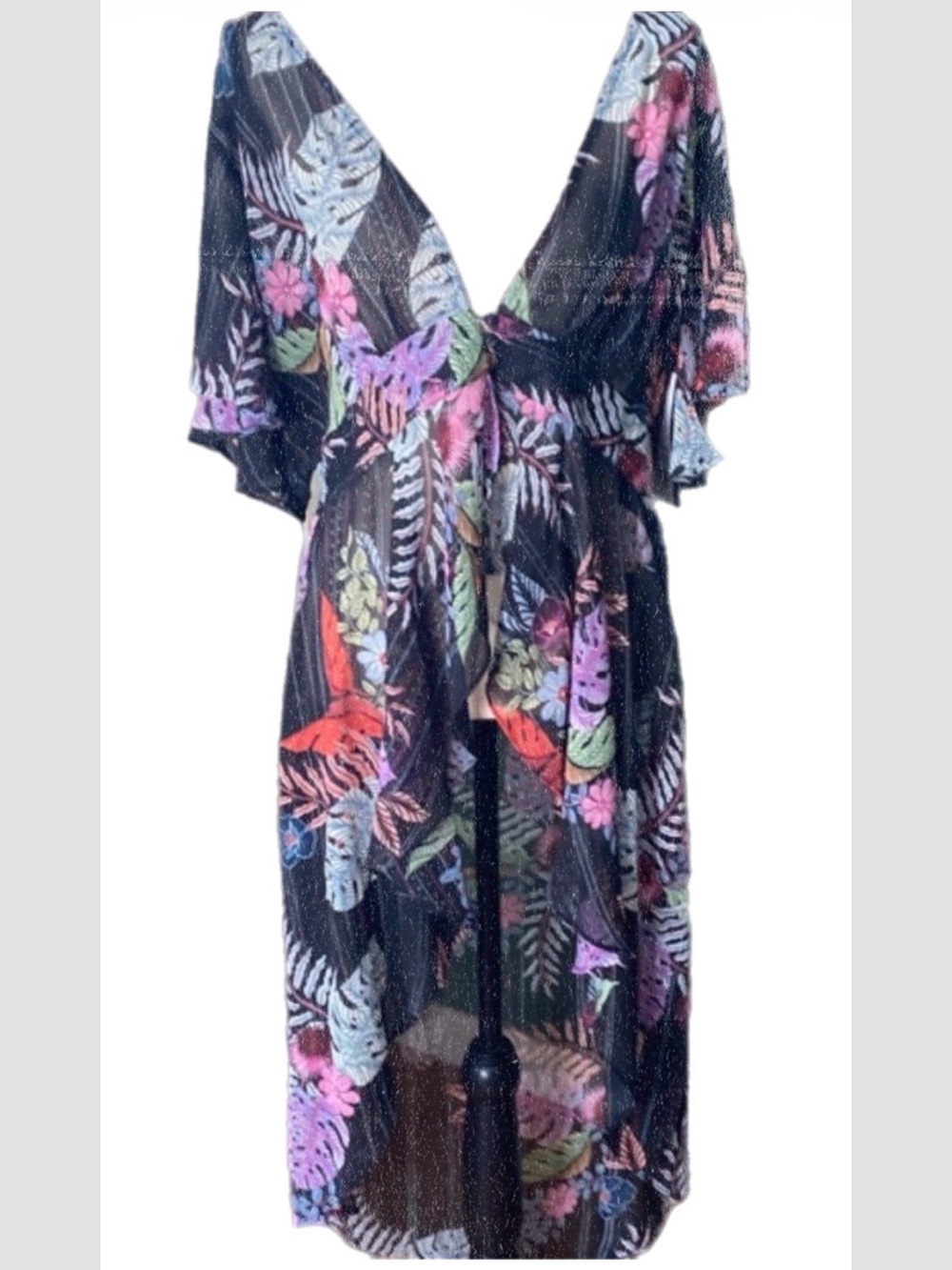 Baku high low floral multi sleeves ties front summer dress cover up, size LG
